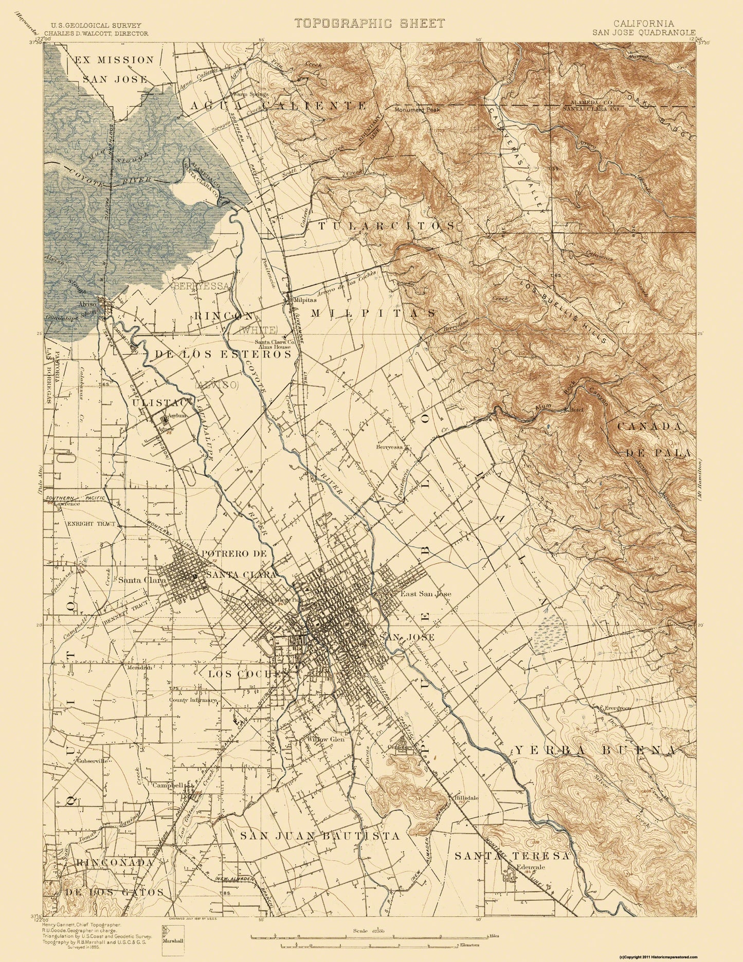 Topographical Map - San Jose California Quad - USGS 1899 - 23 x 29.75 - Vintage Wall Art