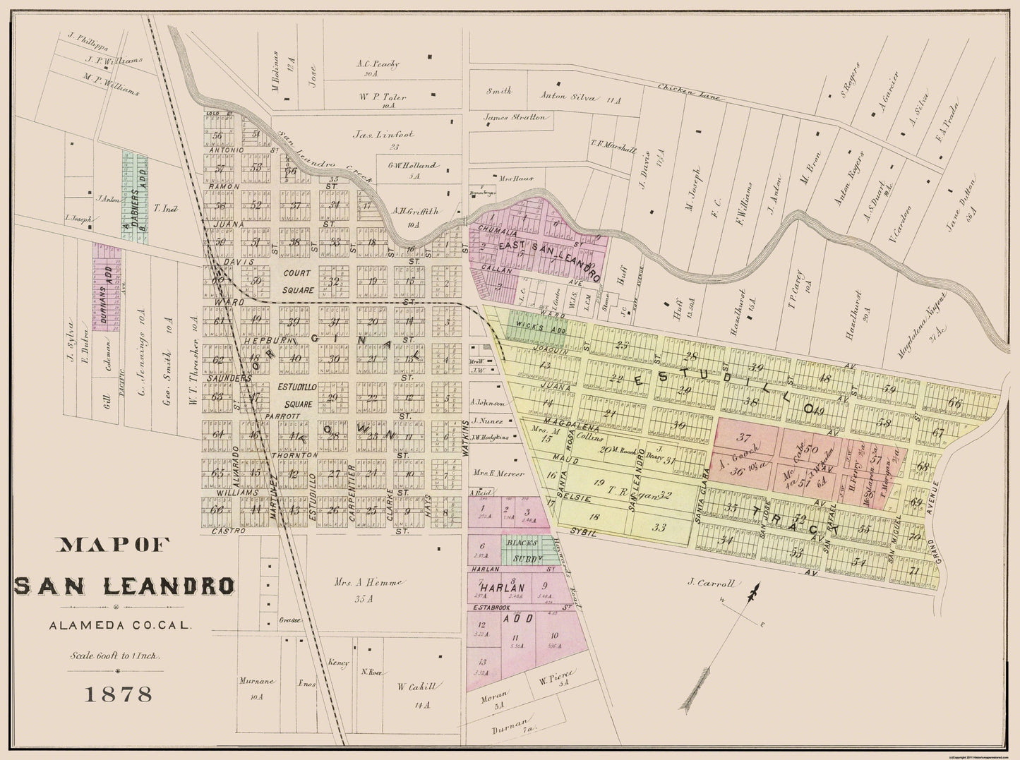 Historic City Map - San Leandro California Plan - Thompson 1878 - 30.88 x 23 - Vintage Wall Art