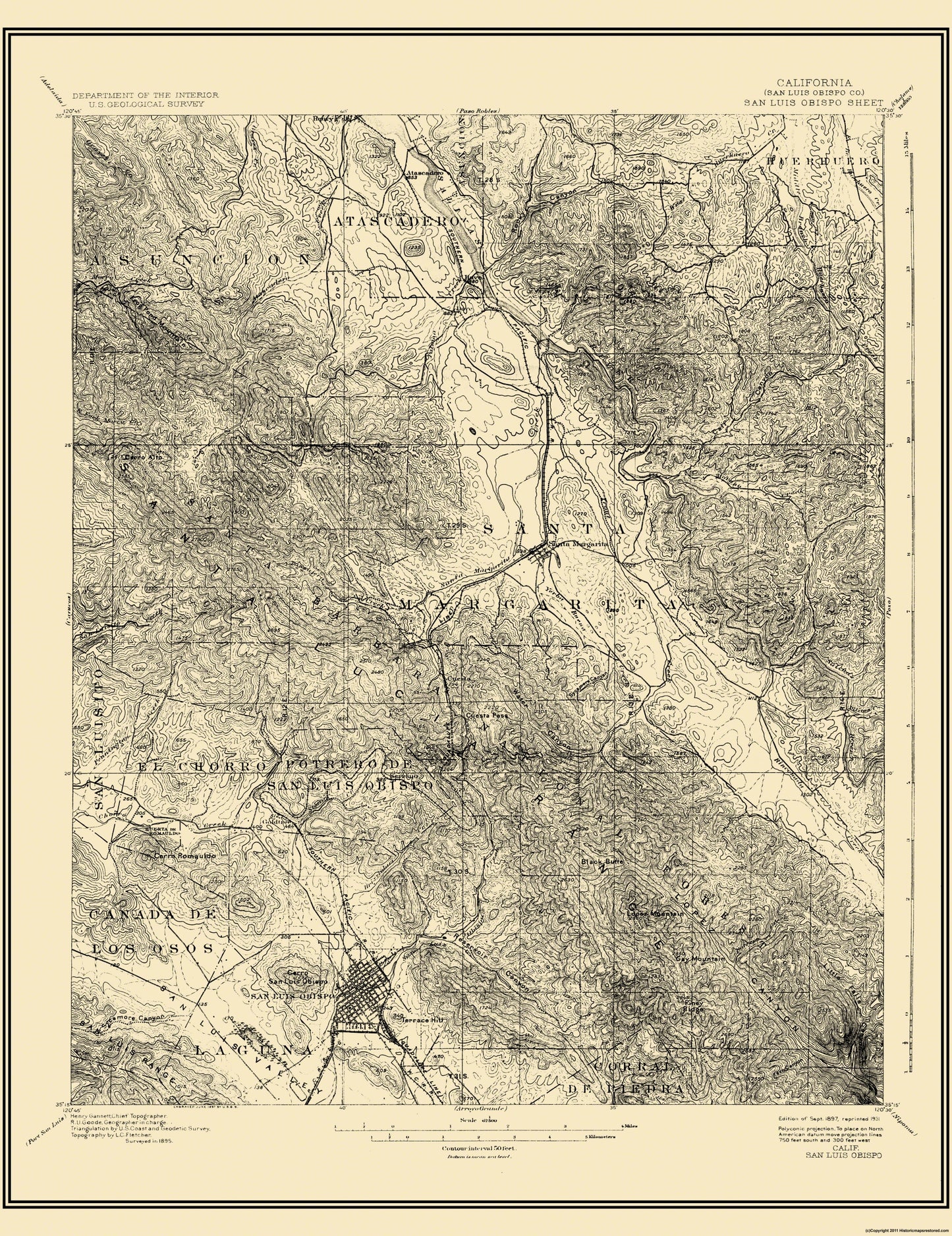 Topographical Map - San Luis Obispo California Sheet - USGS 1897 - 23 x 29.88 - Vintage Wall Art