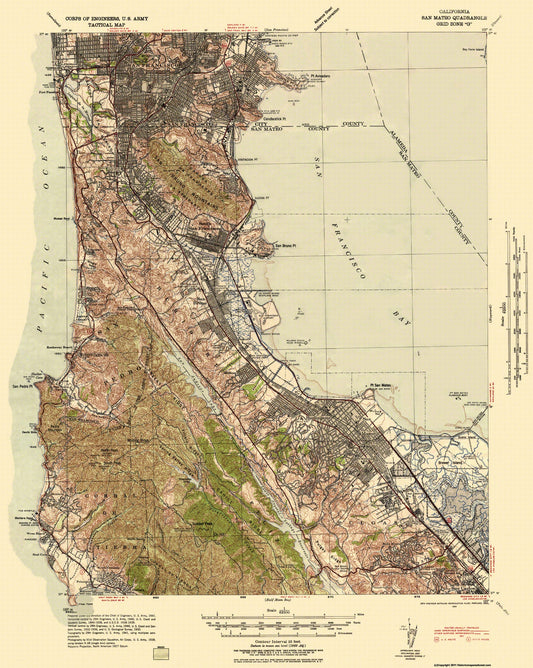 Topographical Map - San Mateo California Tactical Quad - US Army 1942 - 23 x 28.81 - Vintage Wall Art