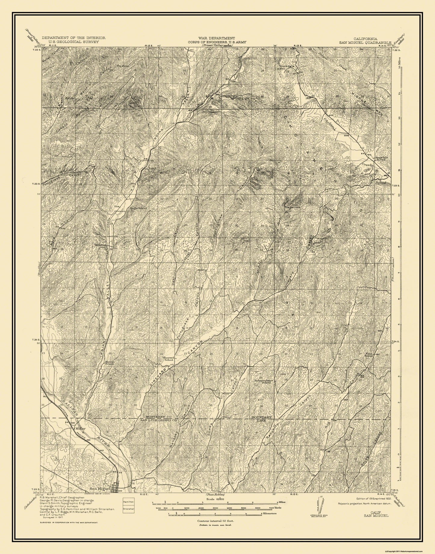 Topographical Map - San Miguel California Quad - USGS 1919 - 23 x 29.31 - Vintage Wall Art