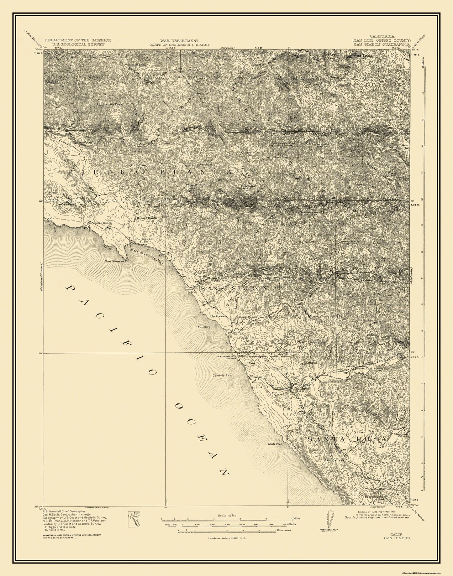 Topographical Map - San Simeon California Quad - USGS 1919 - 23 x 29.31 - Vintage Wall Art