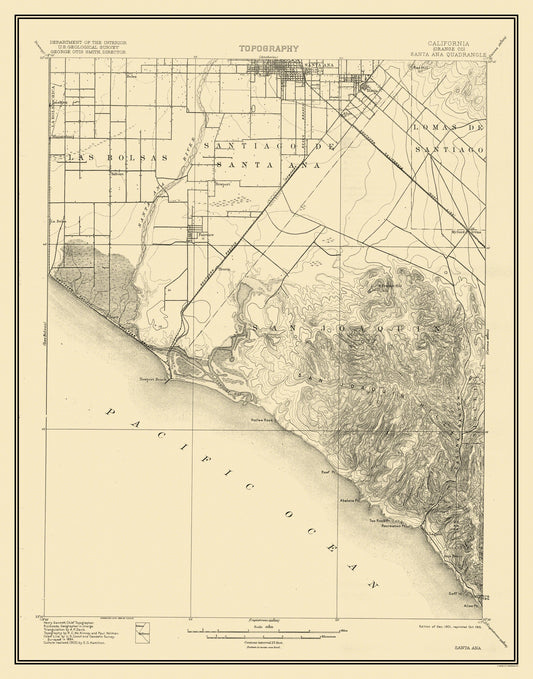 Topographical Map - Santa Ana California Quad - USGS 1901 - 23 x 29.31 - Vintage Wall Art