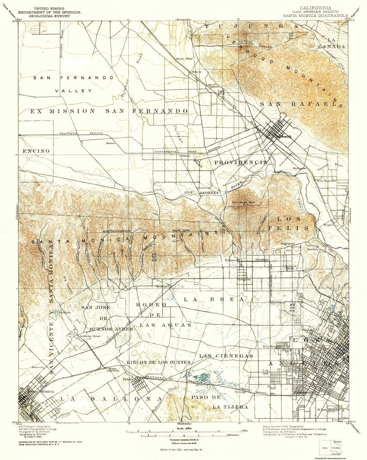 Topographical Map - Santa Monica California Quad - USGS 1893 - 23 x 28.81 - Vintage Wall Art