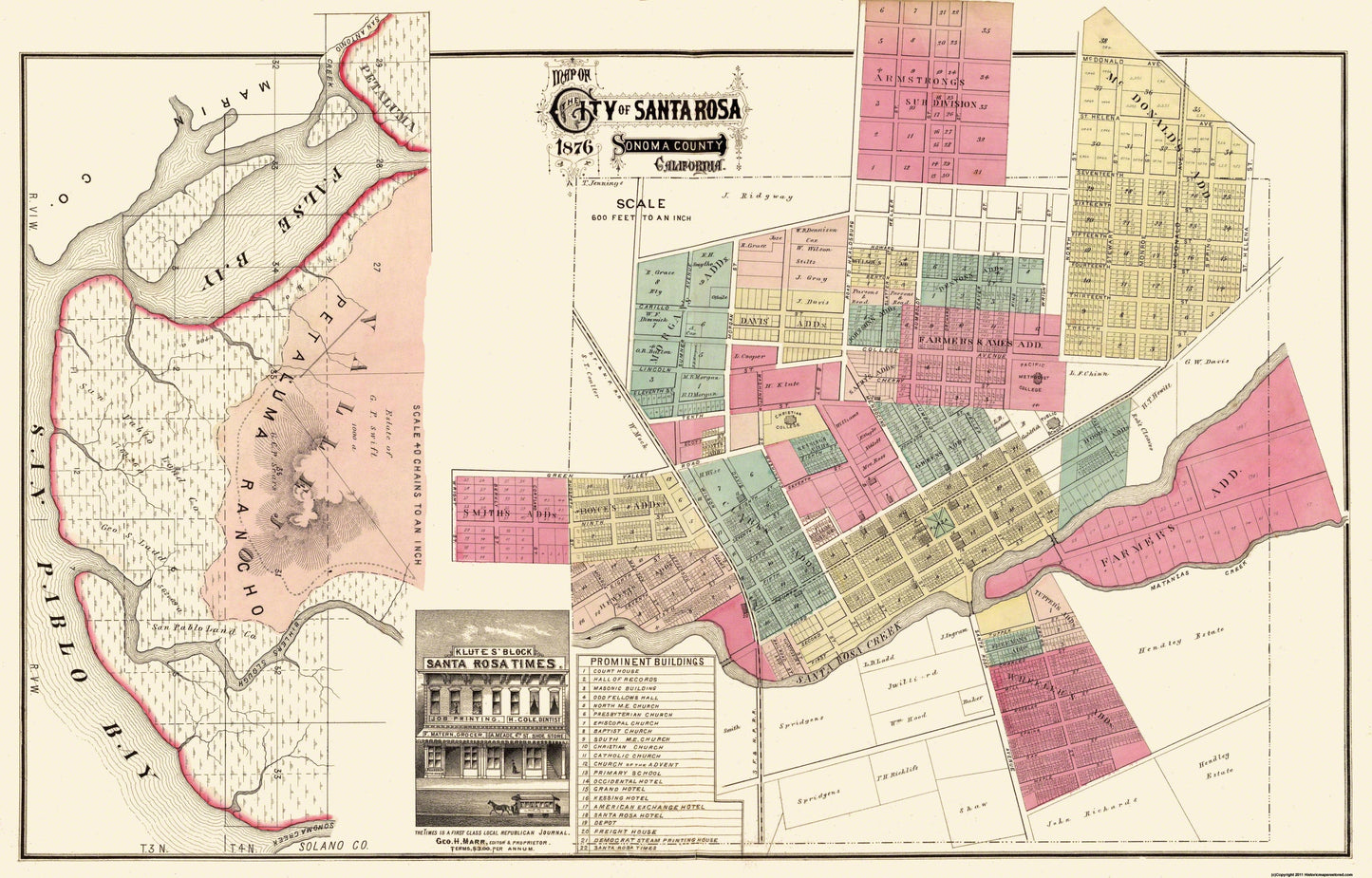 Historic City Map - Santa Rosa California Plan - Marr 1876 - 35.94 x 23 - Vintage Wall Art