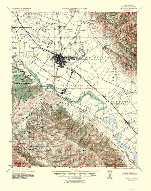 Topographical Map - Salinas California Quad - USGS 1940 - 23 x 29.01 - Vintage Wall Art