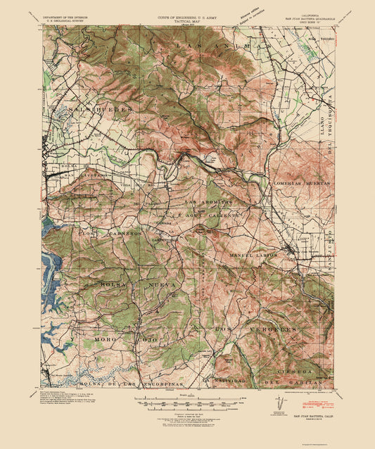 Topographical Map - San Juan Bautista California Quad - USGS 1940 - 23 x 27.52 - Vintage Wall Art