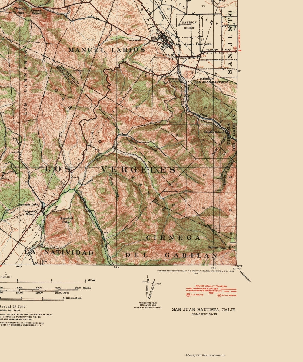 Topographical Map - San Juan Bautista California Quad - USGS 1940 - 23 x 27.52 - Vintage Wall Art