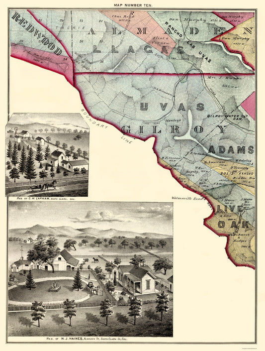 Historic County Map - Santa Clara County California - Thomas 1876 - 23 x 30.40 - Vintage Wall Art