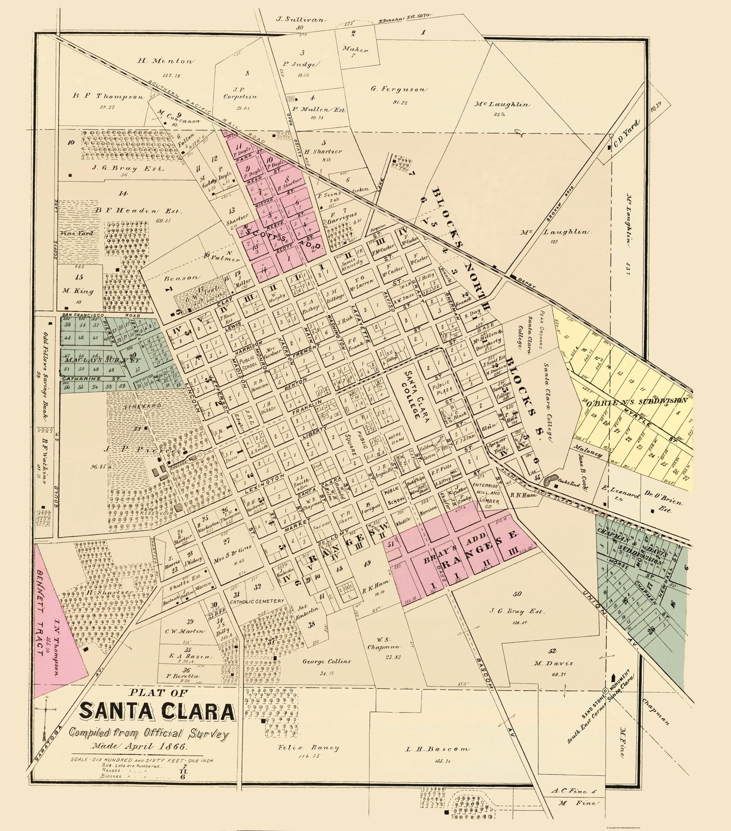 Historic City Map - Santa Clara California - Thompson 1866 - 23 x 26.14 - Vintage Wall Art