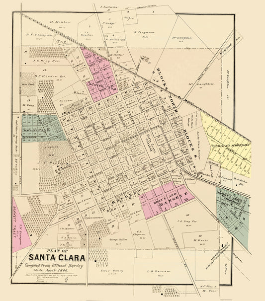 Historic City Map - Santa Clara California - Thompson 1866 - 23 x 26.14 - Vintage Wall Art