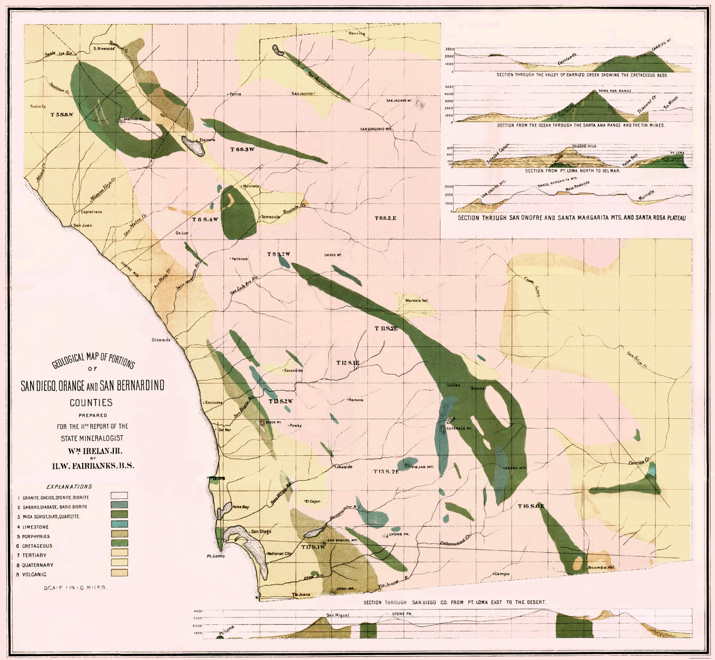 Historic County Map - Southern Counties California Geological - Fairbanks 1893 - 23 x 24.91 - Vintage Wall Art