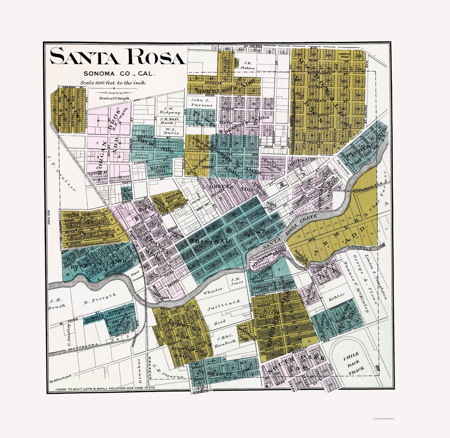 Historic City Map - Santa Rosa California - Thompson 1877 - 23 x 23.63 - Vintage Wall Art