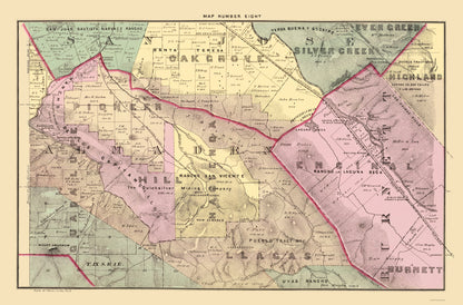 Historic County Map - Santa Clara West Central County California - Thomas 1876 - 23 x 34 - Vintage Wall Art