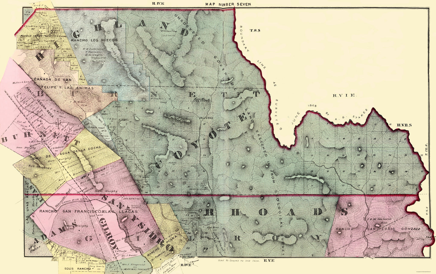 Historic County Map - Santa Clara South Central County California - Thomas 1876 - 23 x 36 - Vintage Wall Art