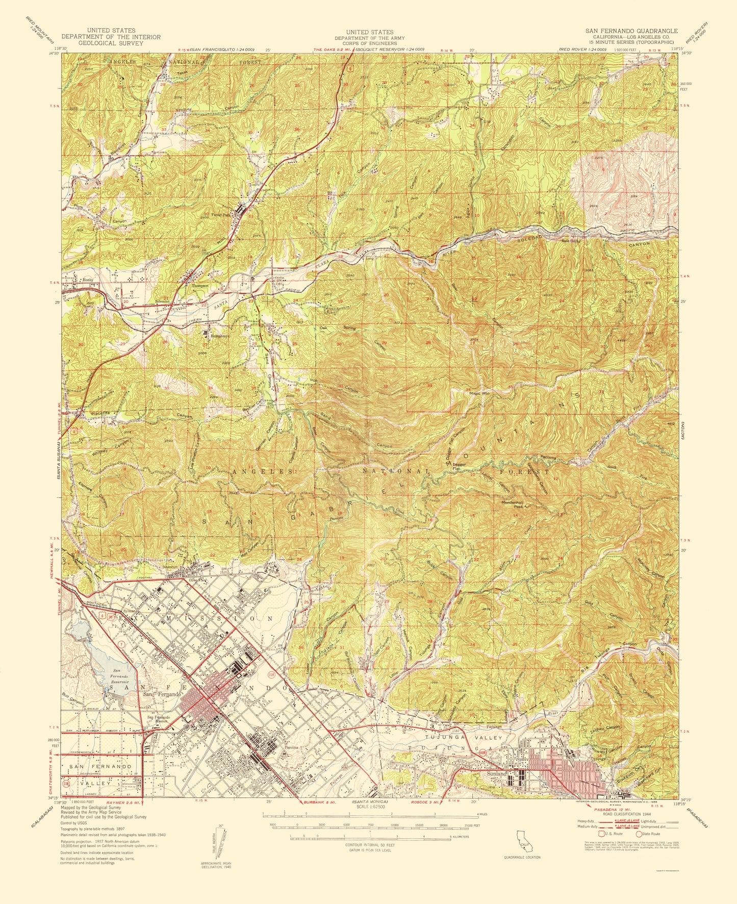 Topographical Map - San Fernando California Quad - USGS 1955 - 23 x 28.20 - Vintage Wall Art