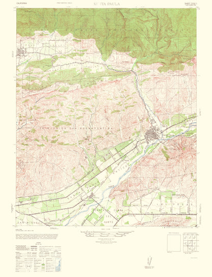 Topographical Map - Santa Paula California Quad - USGS 1964 - 23 x 30.05 - Vintage Wall Art