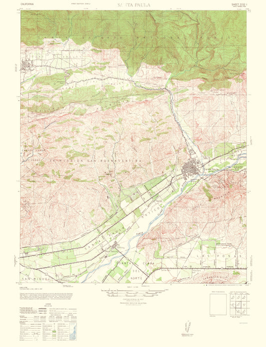 Topographical Map - Santa Paula California Quad - USGS 1964 - 23 x 30.05 - Vintage Wall Art