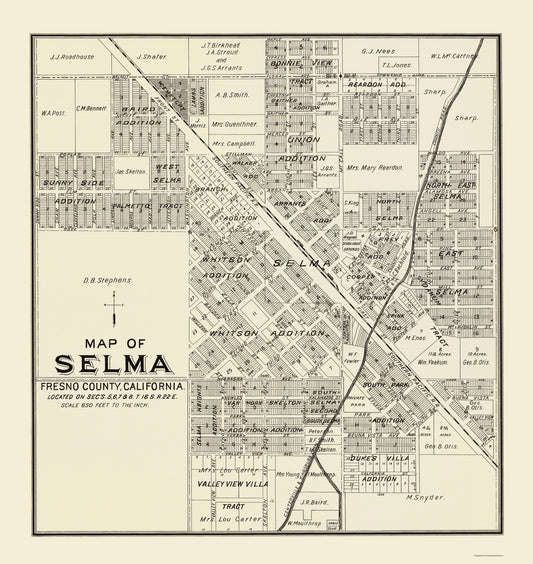 Historic City Map - Selma California - Thomas 1892 - 23 x 24.33 - Vintage Wall Art