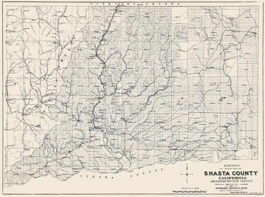 Historic County Map - Shasta County California - Denny 1904 - 31 x 23 - Vintage Wall Art