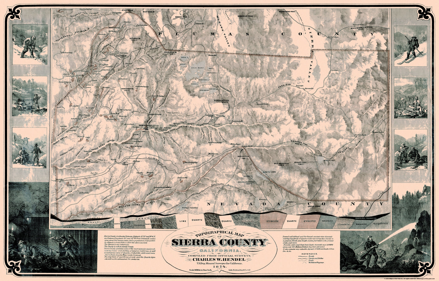 Historic County Map - Sierra County California - Hendel 1874 - 35.88 x 23 - Vintage Wall Art