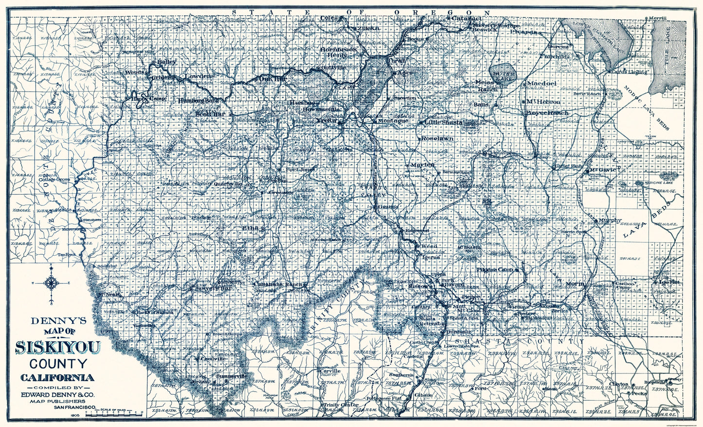 Historic County Map - Siskiyou County California - Denny 1905 - 37.94 x 23 - Vintage Wall Art