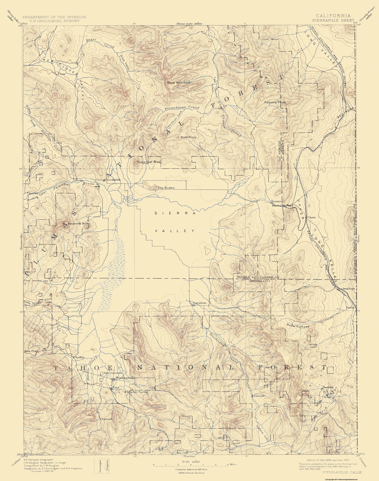 Topographical Map - Sierraville California Sheet - USGS 1894 - 23 x 29.19 - Vintage Wall Art