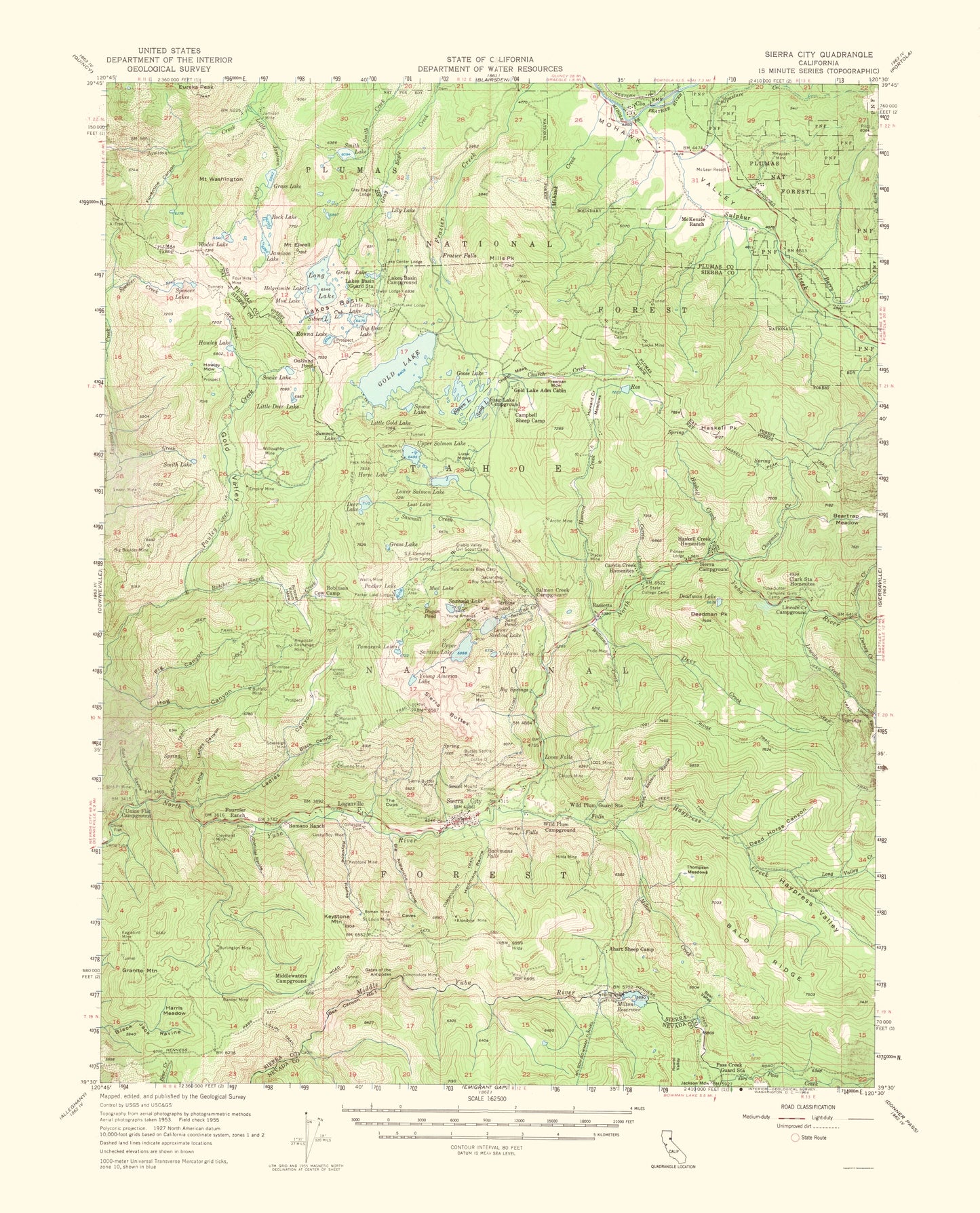 Topographical Map - Sierra City California Quad - USGS 1955 - 23 x 28.46 - Vintage Wall Art