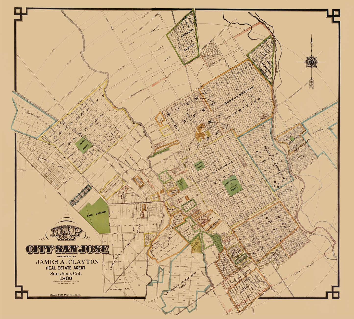 Historic City Map - San Jose California - Clayton 1886 - 25.50 x 23 - Vintage Wall Art