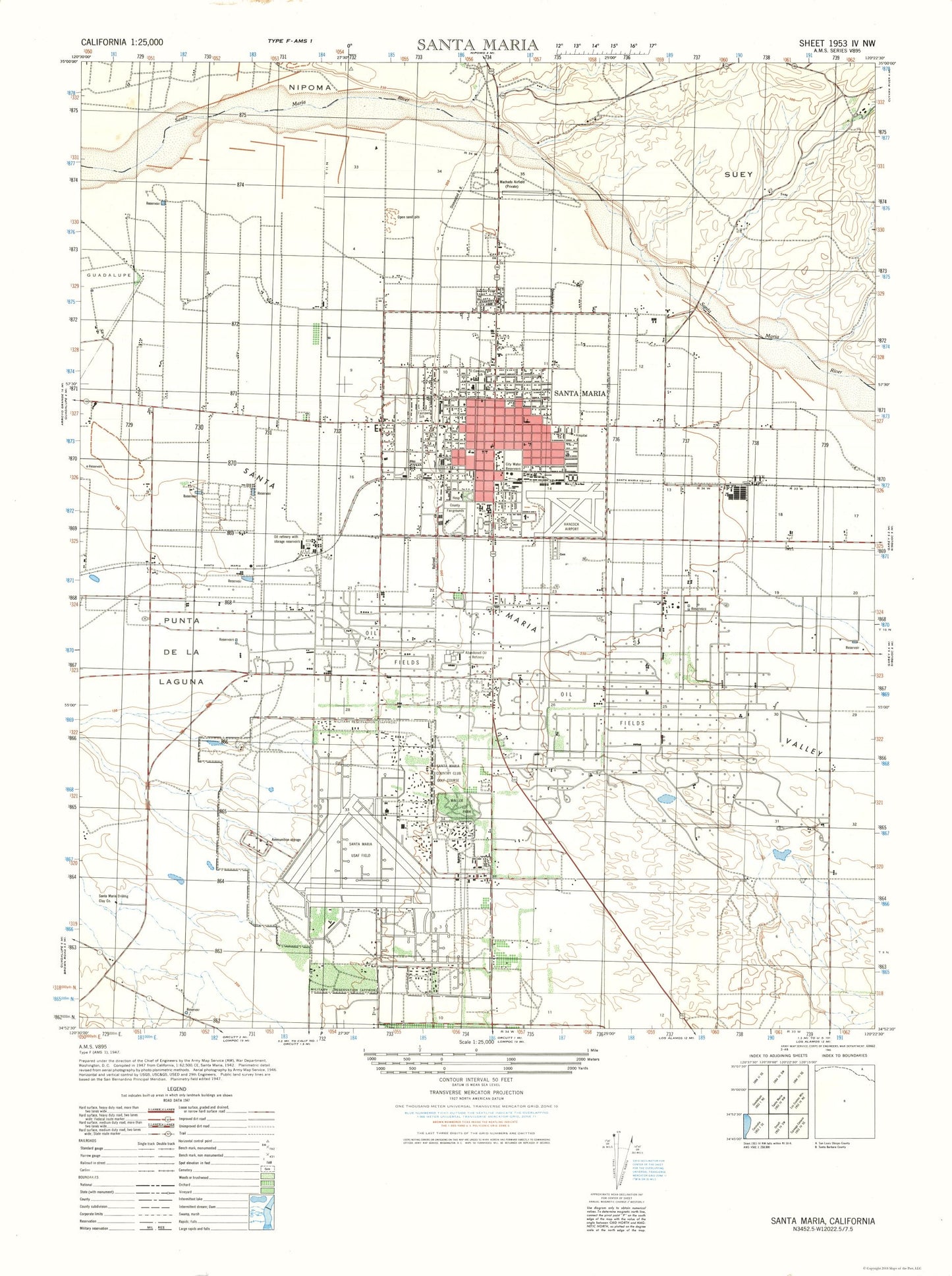 Topographical Map - Santa Maria Sheet- US Army 1947 - 23 x 30.81 - Vintage Wall Art