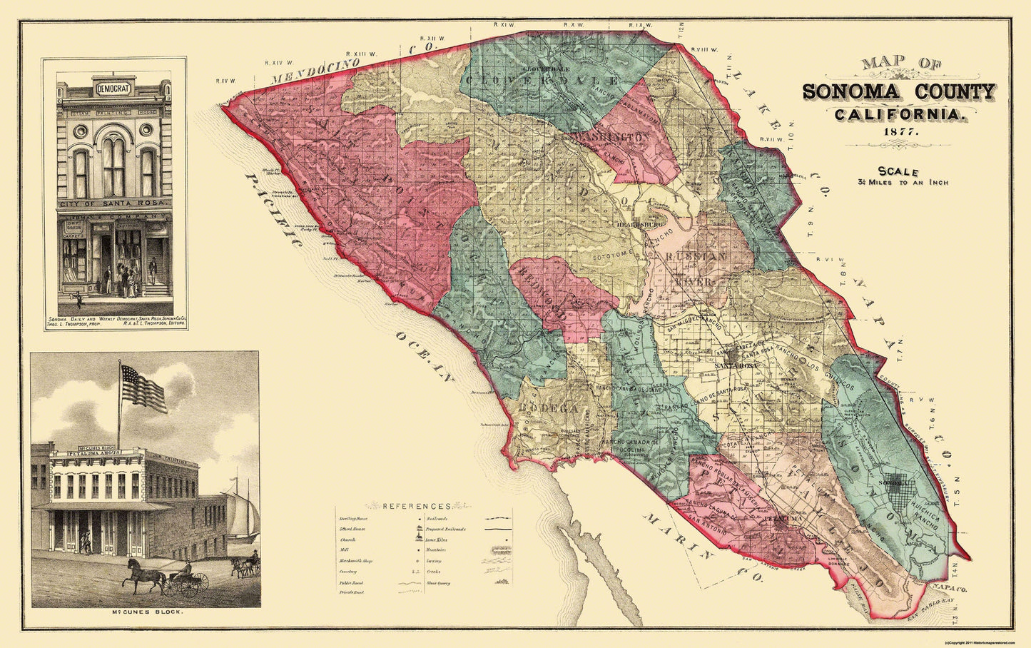 Historic County Map - Sonoma County California - Thompson 1877 - 36.56 x 23 - Vintage Wall Art