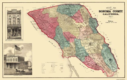 Historic County Map - Sonoma County California - Thompson 1877 - 36.56 x 23 - Vintage Wall Art