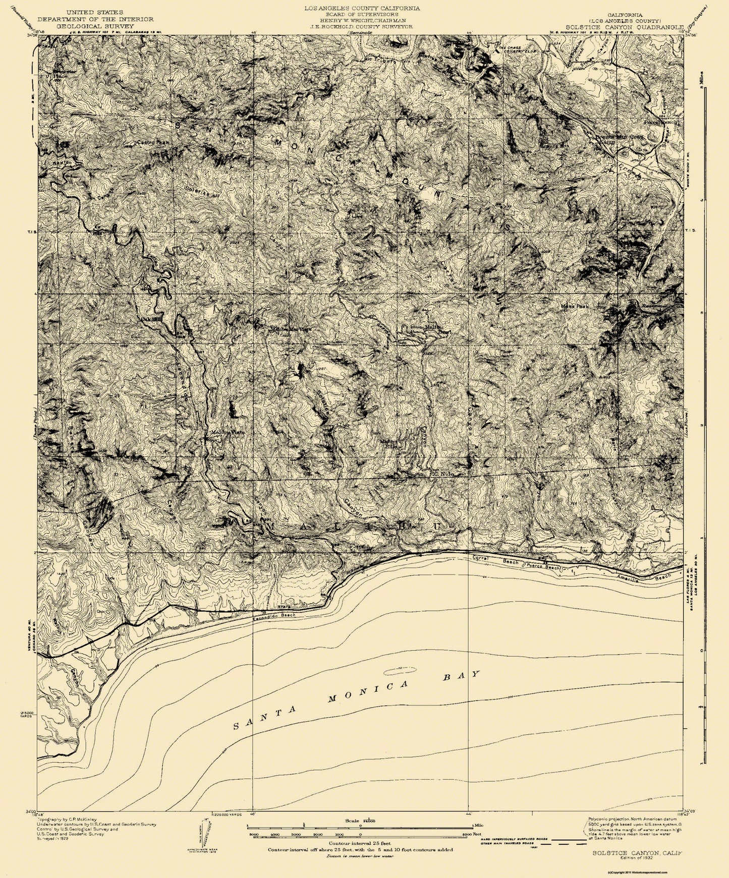 Topographical Map - Solstice Canyon California Quad - USGS 1932 - 23 x 27.69 - Vintage Wall Art