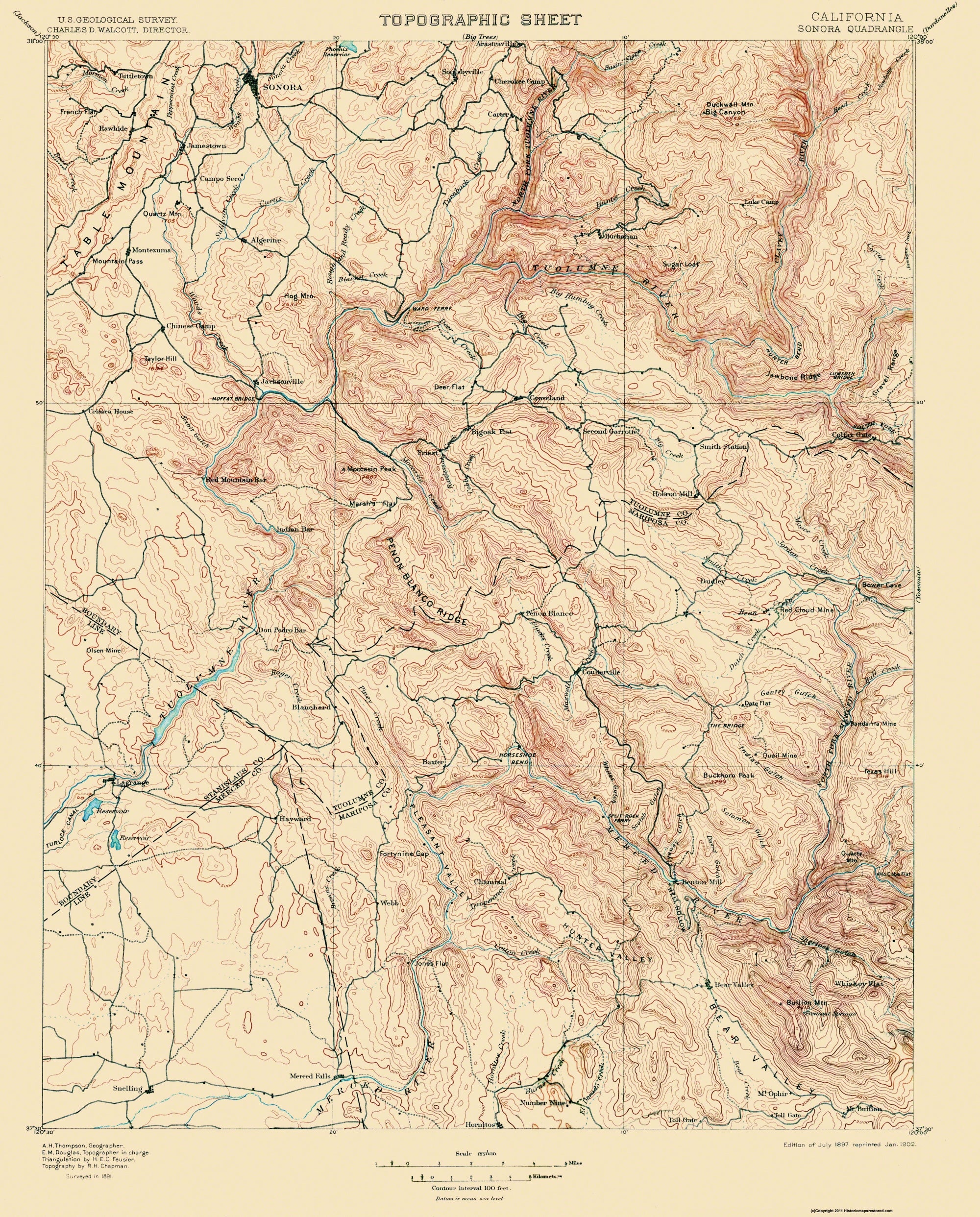 Topographical Map - Sonora California Quad - USGS 1897 - 23 x 28.56 ...