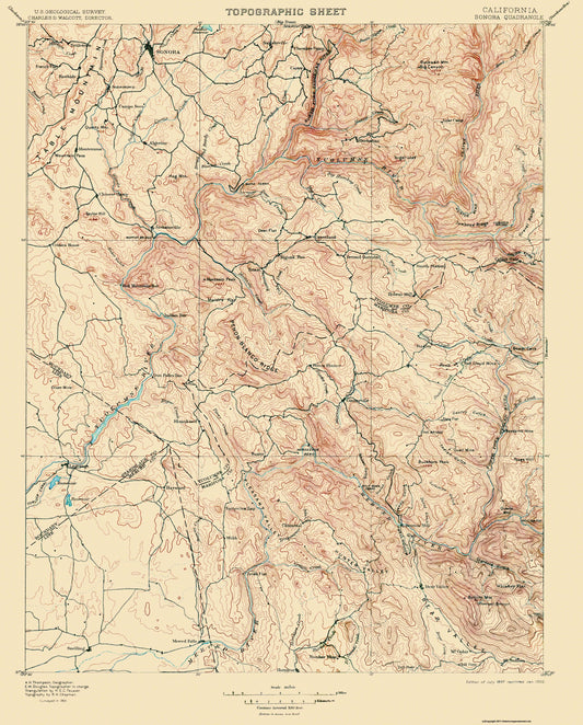 Topographical Map - Sonora California Quad - USGS 1897 - 23 x 28.56 - Vintage Wall Art