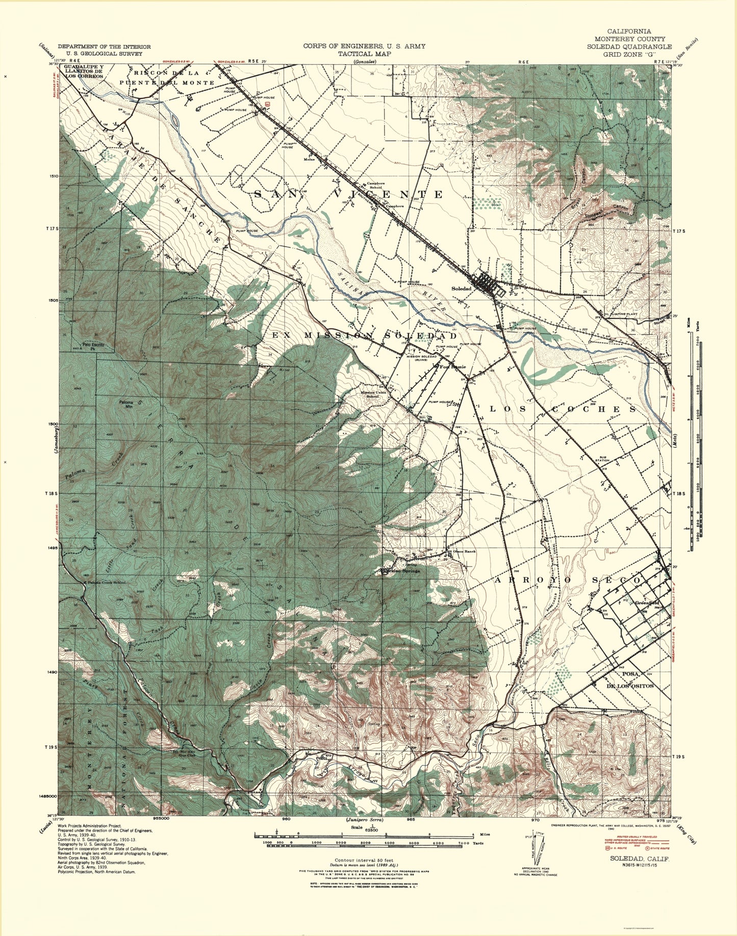 Topographical Map - Soledad California Quad - USGS 1940 - 23 x 29.28 - Vintage Wall Art