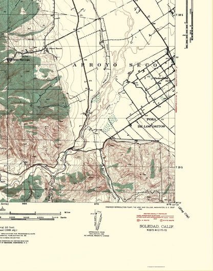 Topographical Map - Soledad California Quad - USGS 1940 - 23 x 29.28 - Vintage Wall Art