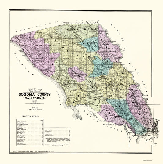 Historic County Map - Sonoma County California - Thompson 1877 - 23 x 23.17 - Vintage Wall Art