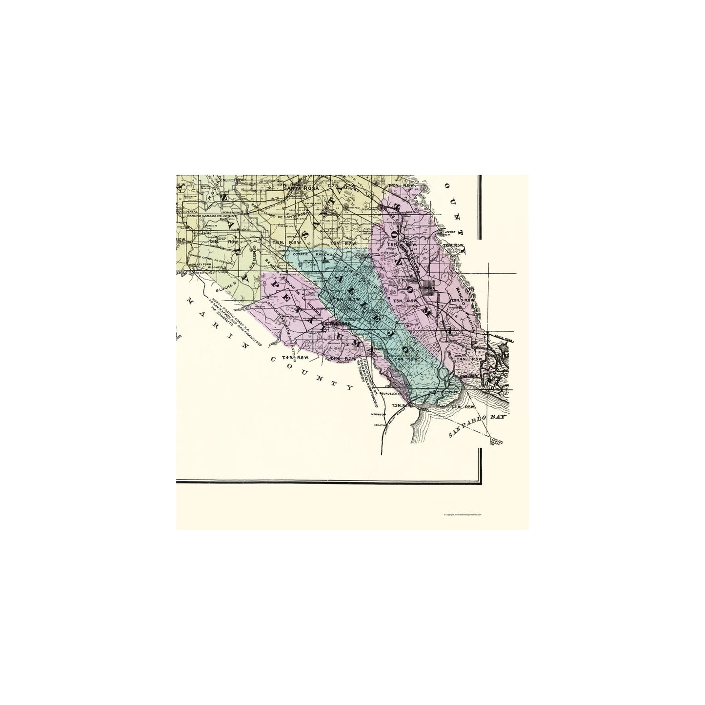 Historic County Map - Sonoma County California - Thompson 1877 - 23 x 23.17 - Vintage Wall Art