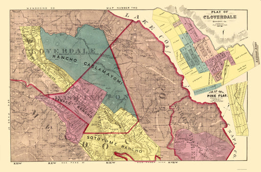 Historic County Map - Sonoma County Cloverdale Pine Flat California - Thompson 1877 - 23x34 - Vintage Wall Art