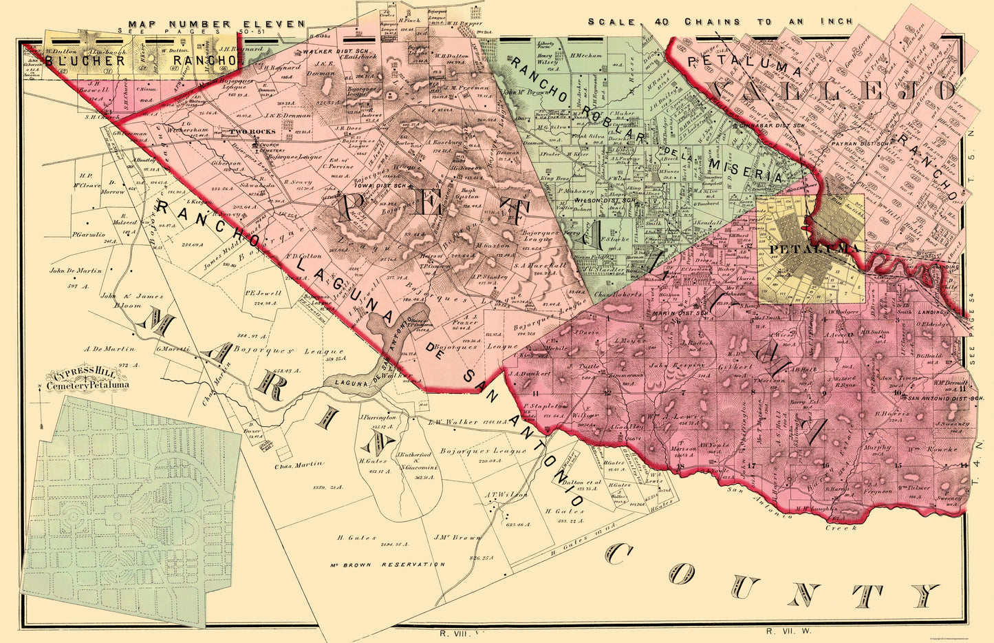 Historic County Map - Sonoma Southwest County California - Thompson 1877 - 23 x 35.57 - Vintage Wall Art