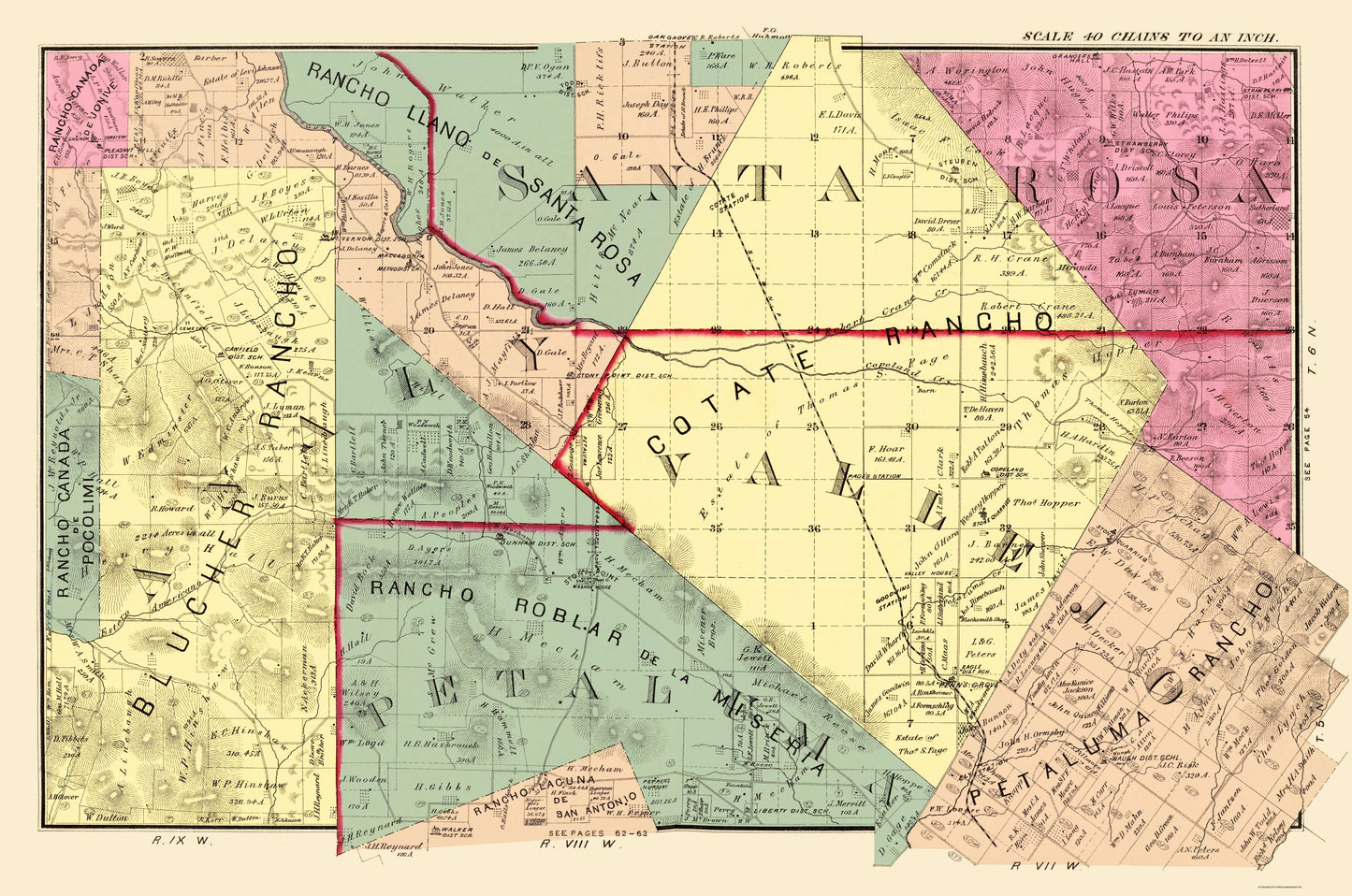 Historic County Map - Sonoma South Central County California - Thompson 1877 - 23 x 34.70 - Vintage Wall Art