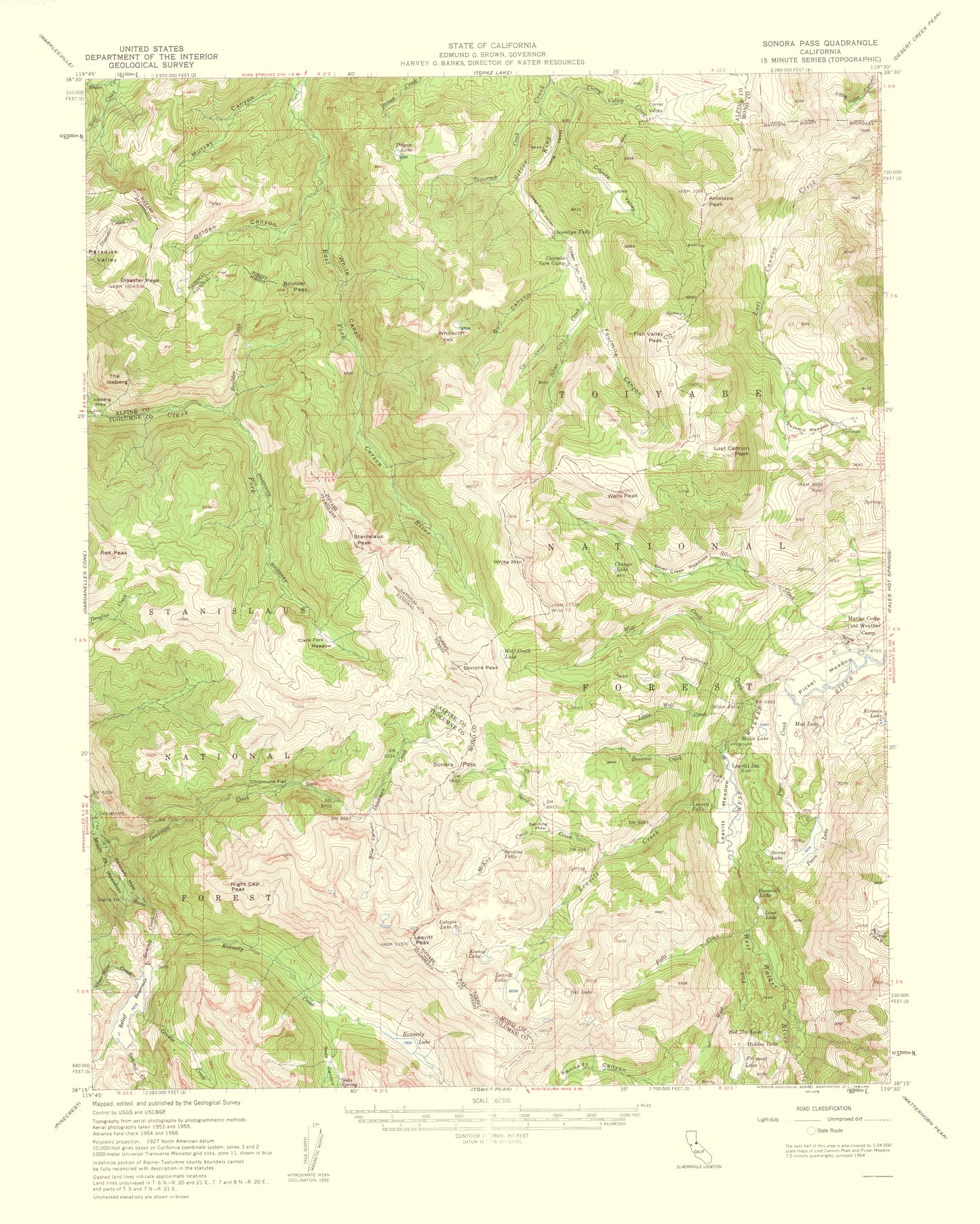 Topographical Map - Sonora Pass California Quad - USGS 1961 - 23 x 28.73 - Vintage Wall Art