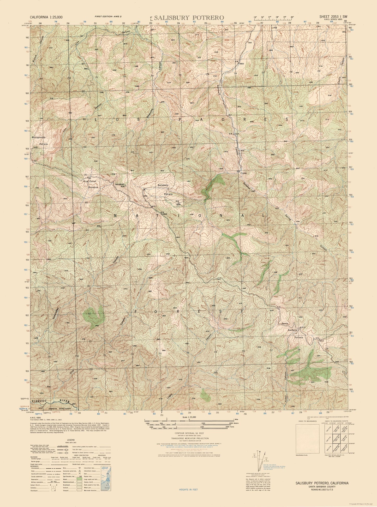 Topographical Map - Salisbury Potrero Sheet - US Army 1944 - 23 x 30.93 - Vintage Wall Art