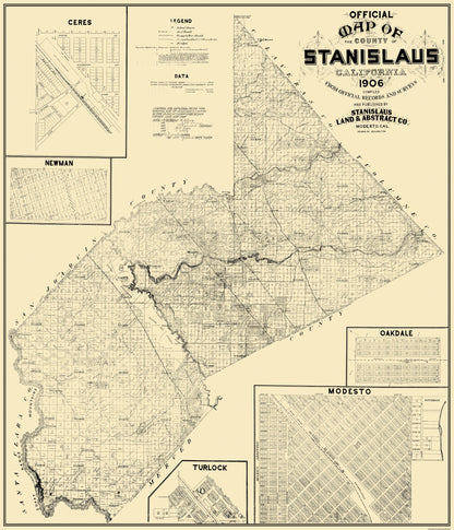 Historic County Map - Stanislaus County California - Stanislaus 1906 - 23 x 26.81 - Vintage Wall Art