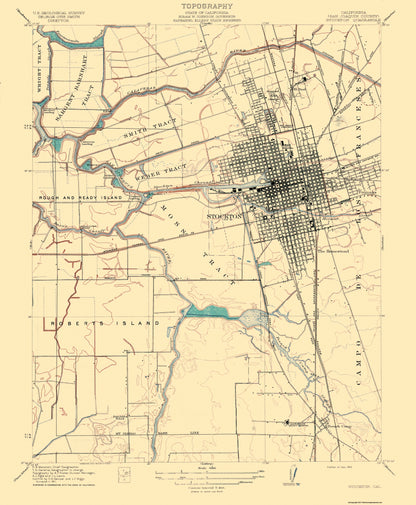 Topographical Map - Stockton California Quad - USGS 1913 - 23 x 27.88 - Vintage Wall Art
