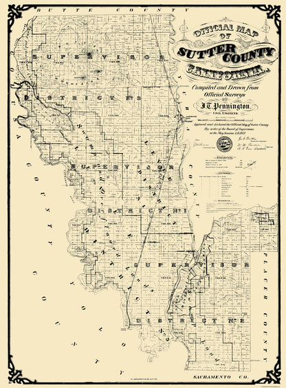 Historic County Map - Sutter County California - Pennington 1873 - 23 x 31.25 - Vintage Wall Art