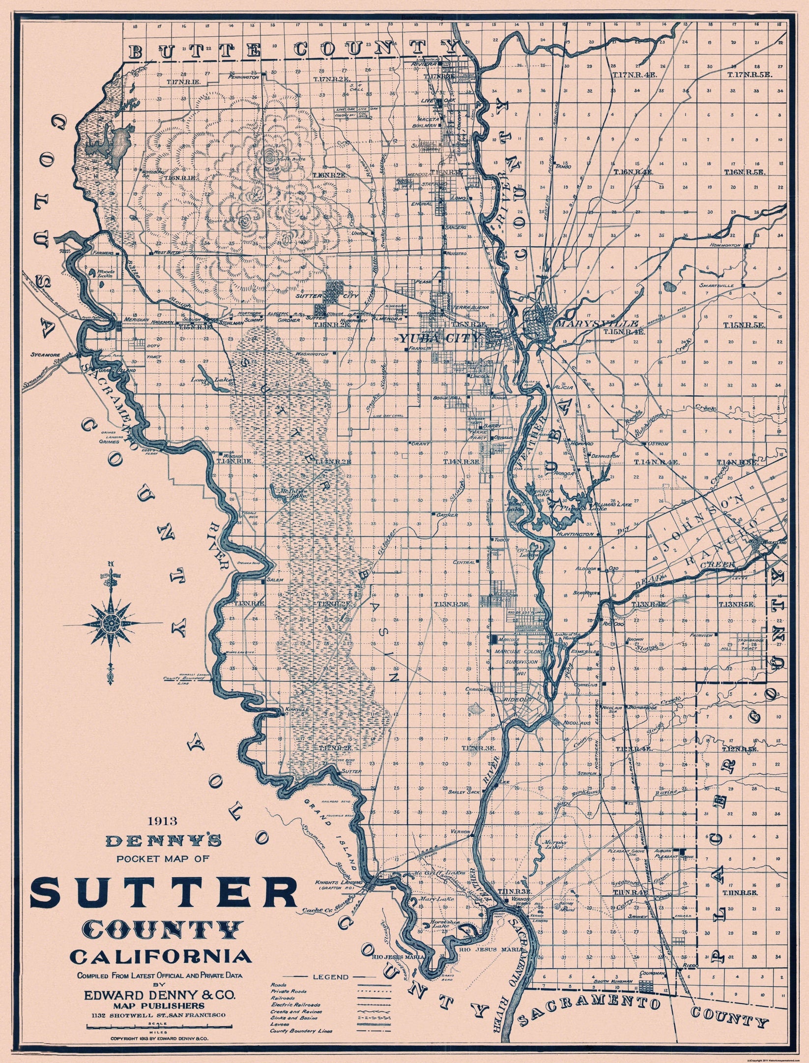 Historic County Map - Sutter County California - Denny 1913 - Vintage ...