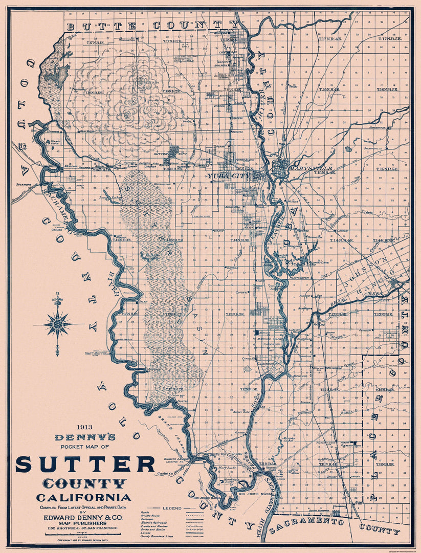 Historic County Map - Sutter County California - Denny 1913 - Vintage ...