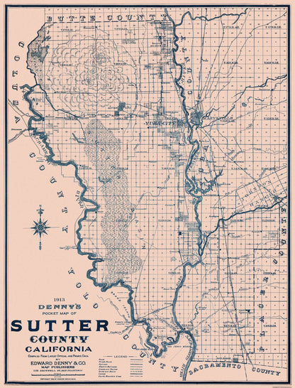 Historic County Map - Sutter County California - Denny 1913 - 23 x 30.19 - Vintage Wall Art